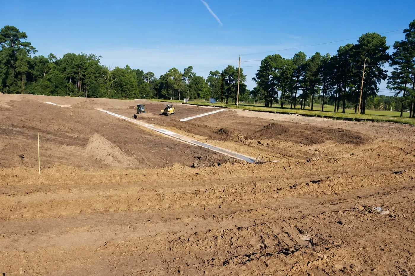 Ground level view of an expansive mass grading operation with shaped dirt and compaction equipment working