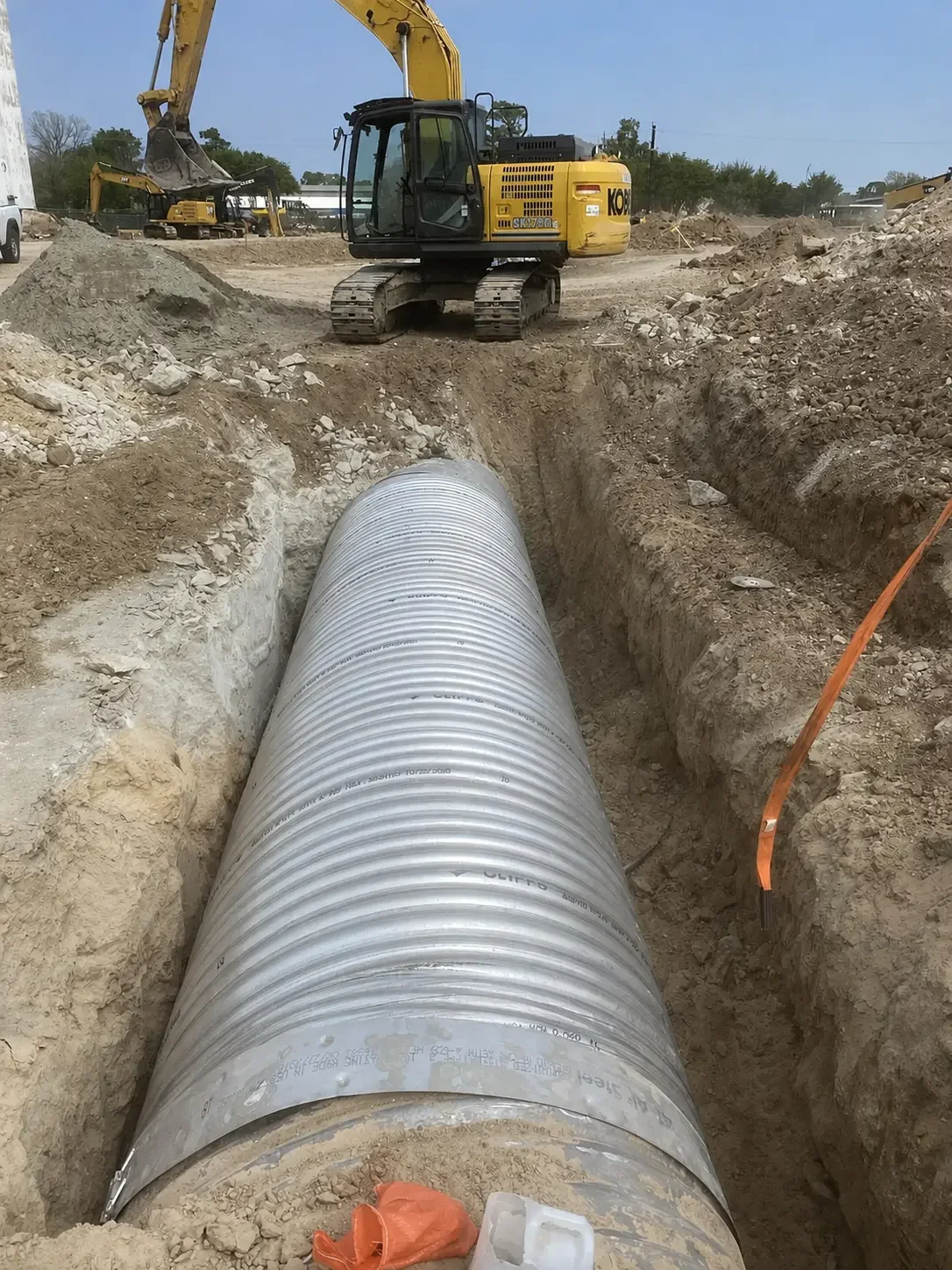 Single run of large-diameter corrugated metal pipe placed in a rock-walled excavation with an excavator in the background