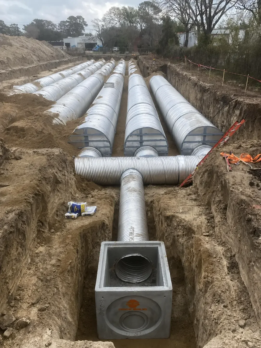 Underground corrugated steel detention pipes connected to a concrete inlet structure.